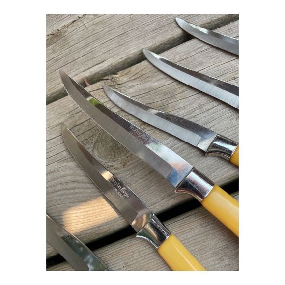 Vintage Bakelight Handle Steak Knife Set x 6 Butterscotch Washington Forge Steel - Picture 4 of 14